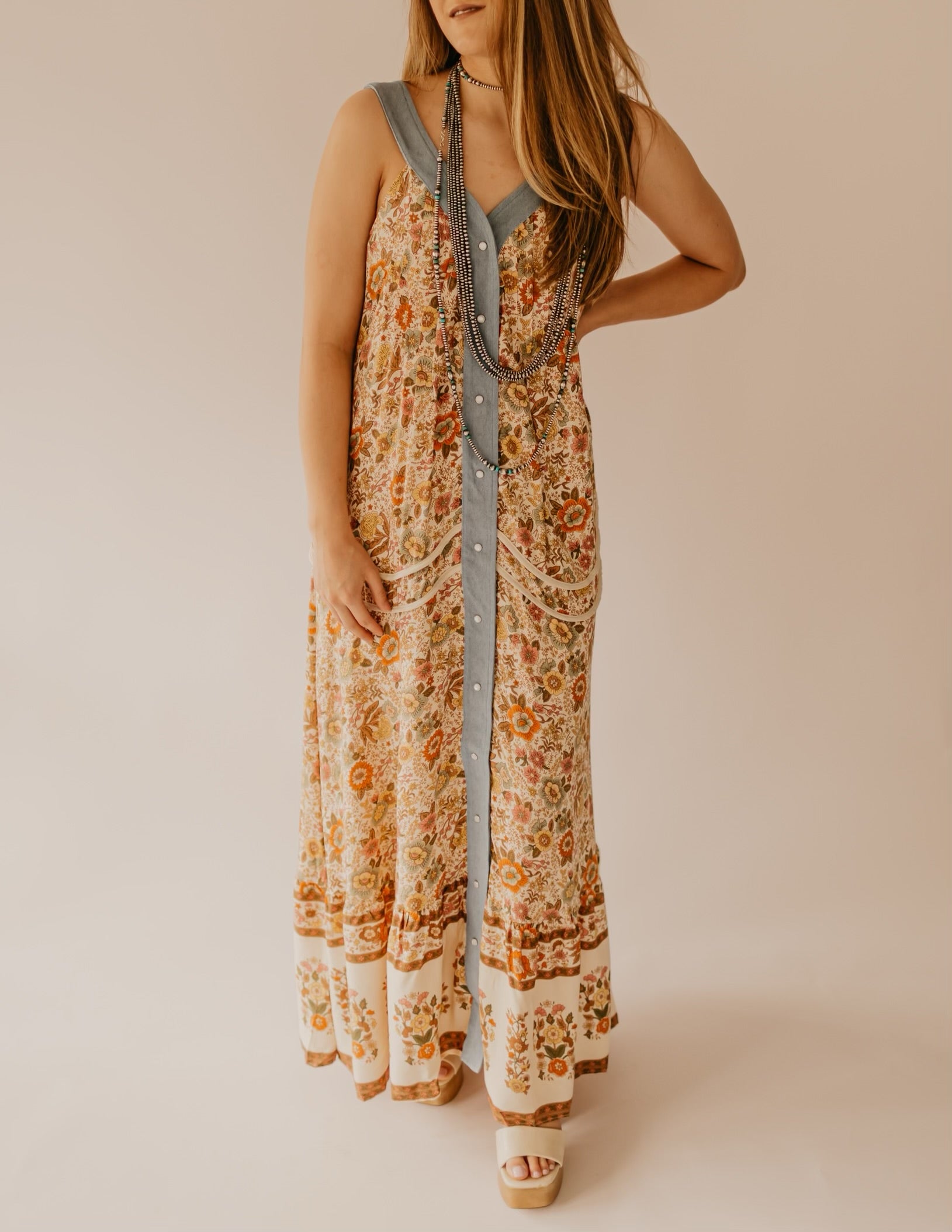 Floral Border Printed V-Neck Sleeveless Maxi Dress