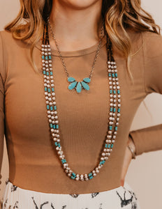 Pearls w/ Bronze and Turquoise Necklace