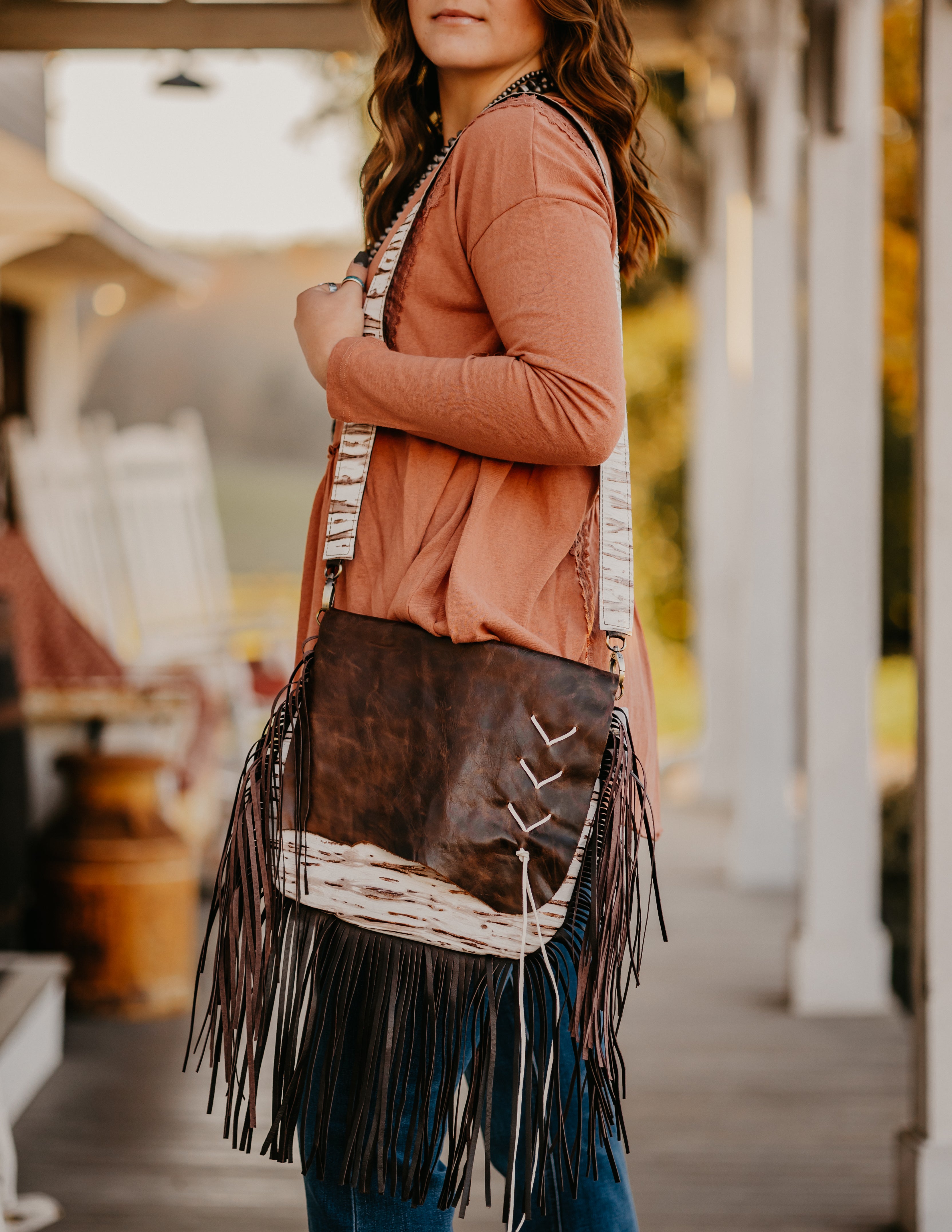 Leather crossbody purse with fringe Outlet