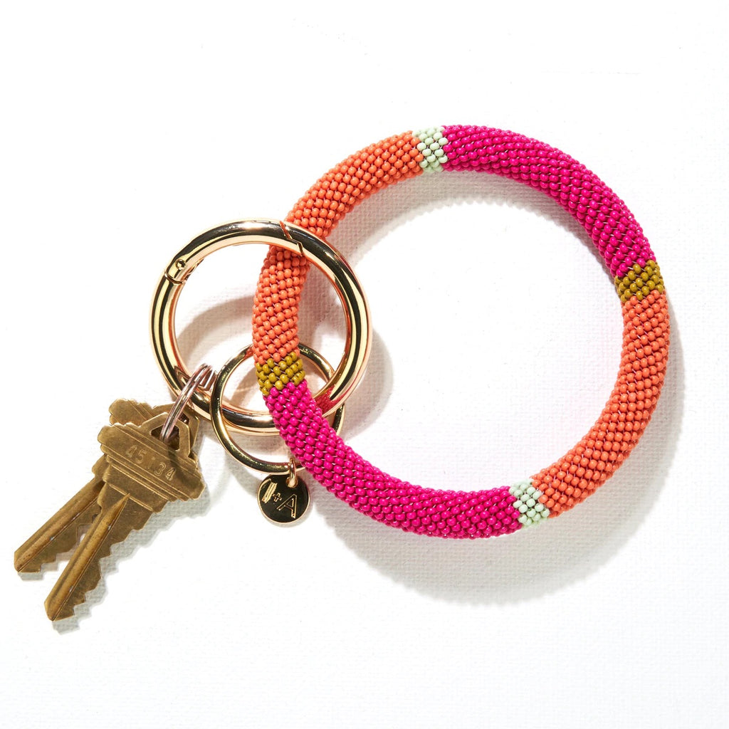 Pink + Coral Color Block Seed Bead Key Ring - The Branded Blonde